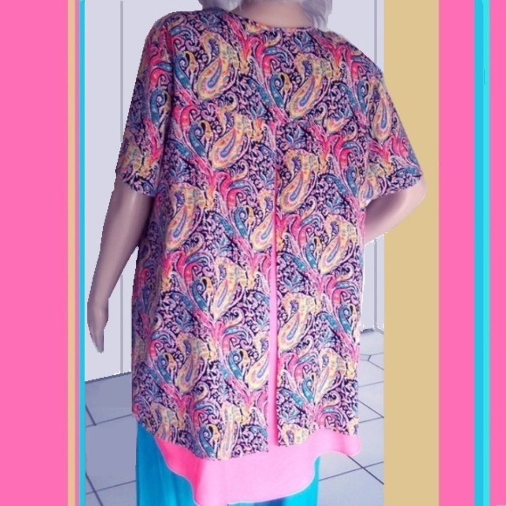 Bright Coral Teal Yellow Paisley Shirt Tail Blouse